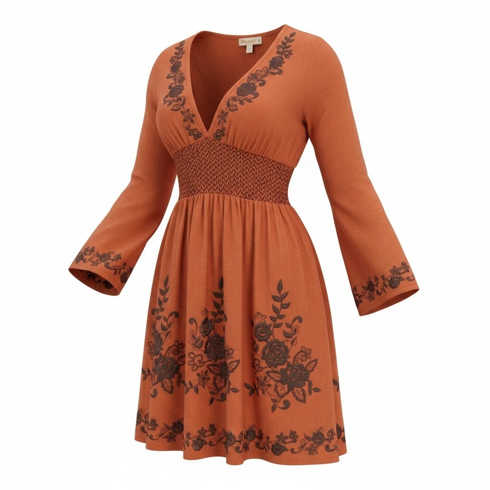 Available Burnt Orange Floral Embroidered Boho Mini Dress V-Neck Smocked Large